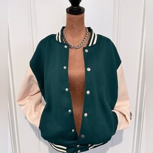 Green & Cream Varsity Bomber Jacket | Snap Front | Athletic Preppy Style